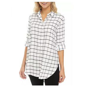 Calvin Klein Windowpane Button Up Collared Blouse Shirt Hi-Lo